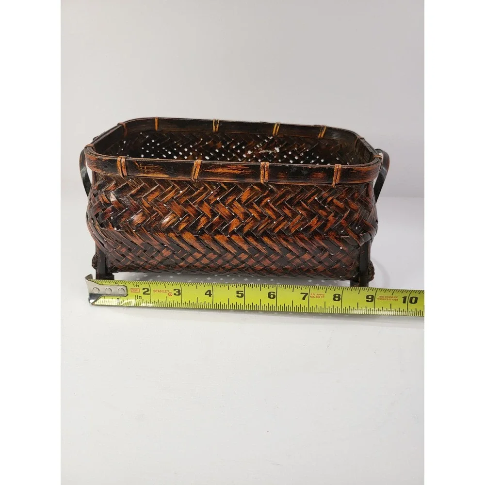 Vintage Woven Bamboo Footed Basket Dark Brown Rectangular Decorative Storage 9x5